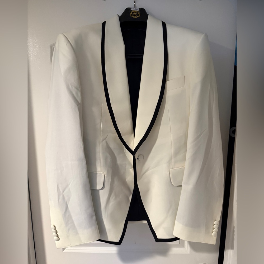 White Shawl Collar Tuxedo Jacket with Black Trim - Men
